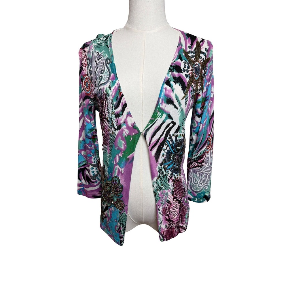 Alberto‎ Makali Womens Beaded Mixed Print Open Front Cardigan Purple Teal Small